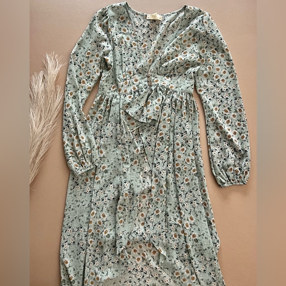 Altar’d State Sage Green Chiffon Floral Print Duster Dress